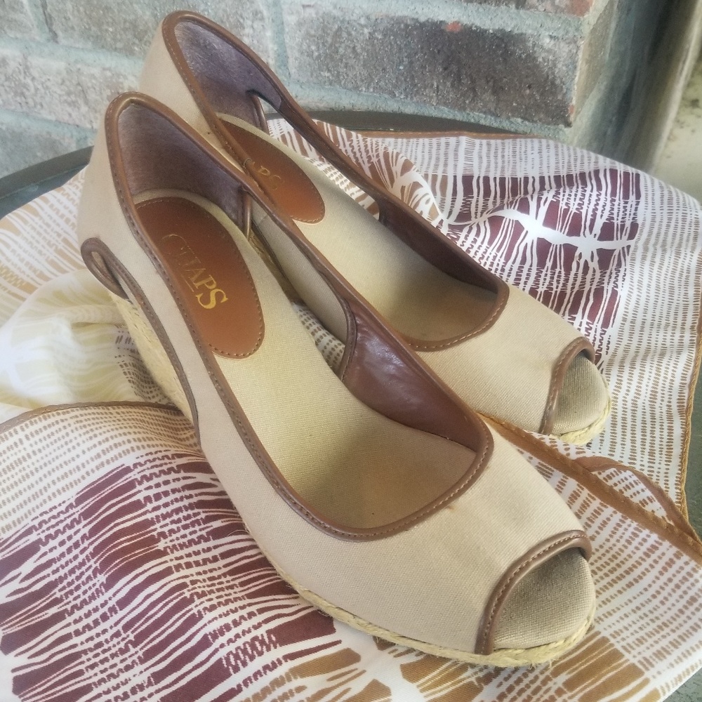 Chaps Tan Canvas Espadrille Wedges - Size 8B